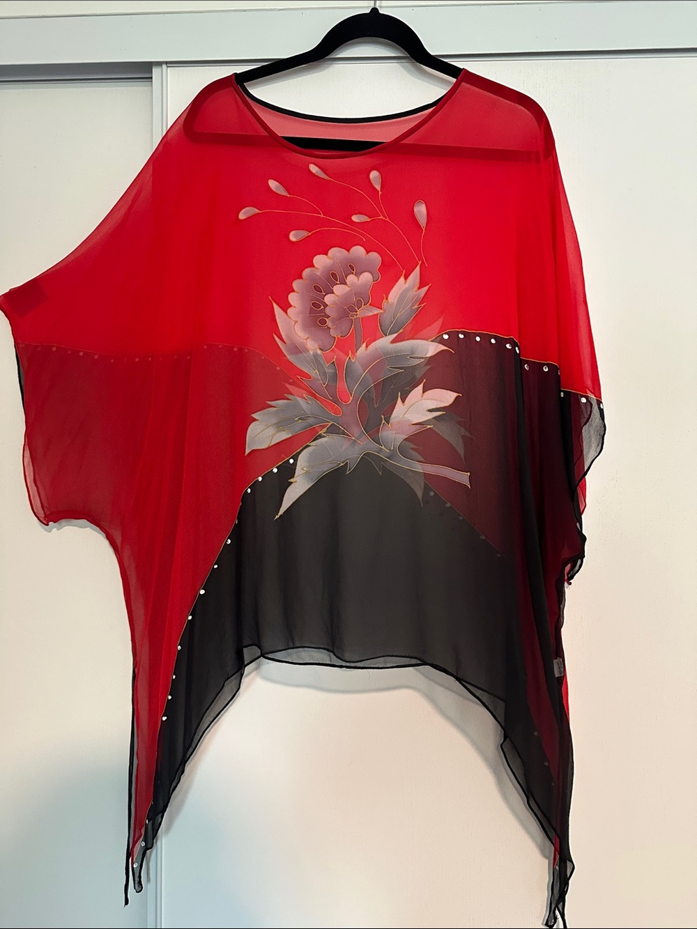 Red & Black Floral Sheer Poncho Top